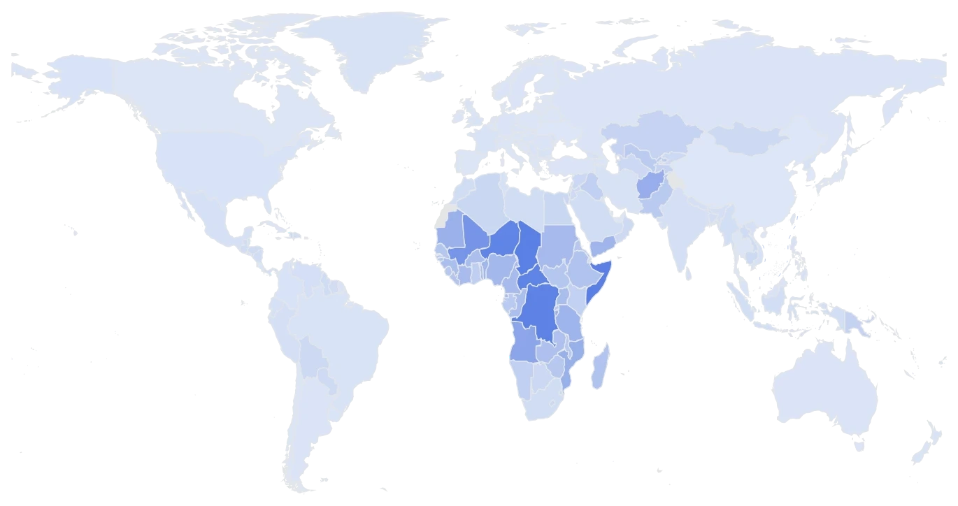 世界各国（总和）生育率地图，2024 年